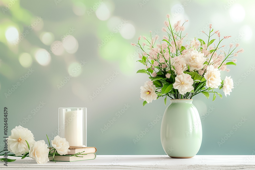 Wall mural Delicate blossoms in a light green vase create a serene atmosphere, complemented by a softly glowing candle and a stack of books, evoking tranquility and elegance