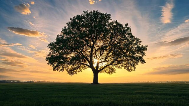 A solitary tree stands tall in a field of green grass as the sun sets in the distance, creating a picturesque scene of tranquility and natural beauty.