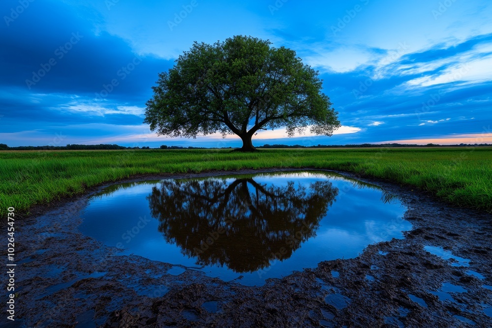 Poster willow tree at dusk, its silhouette reflecting in the water of a small pond, with the fading light c