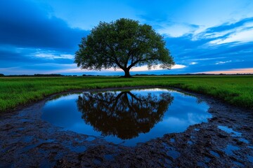 Willow tree at dusk, its silhouette reflecting in the water of a small pond, with the fading light creating a calm, contemplative atmosphere