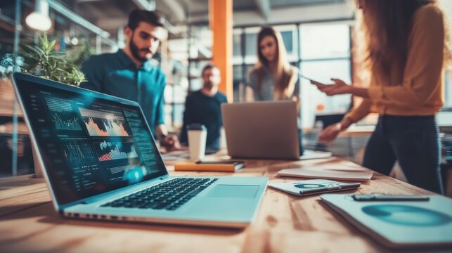 Web designer, planning and team in office with laptop, market research or problem solving in development of project. Website, design and people with technology for online marketing, Generative AI