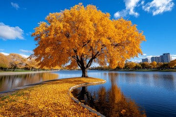 Willow tree in autumn, with golden and orange leaves cascading down its long branches, adding warmth and color to the cooler season