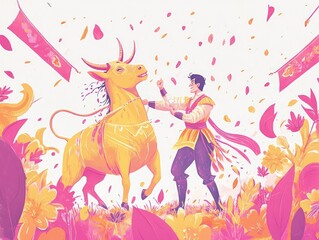 Obraz premium A man in traditional clothing interacts with a stylized yellow bull, surrounded by pink flower petals and banners, in a festive celebration.