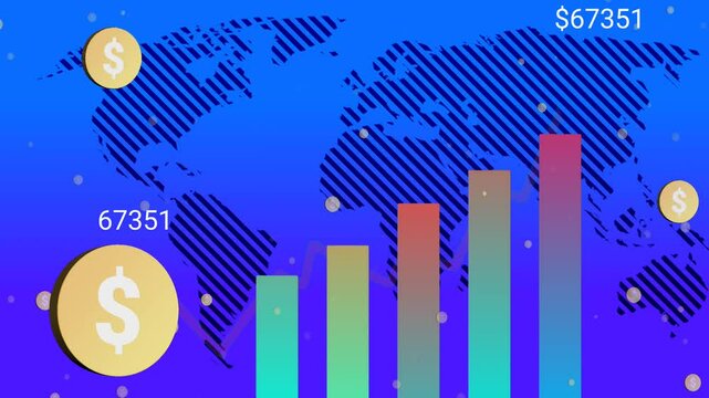 Business growing with dollar coins rain bar column chart and word map video animation
