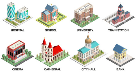 City public and municipal buildings vector set. Detailed isometric isolated illustrations. Hospital, school, university, train station, cinema, cathedral, city hall, bank