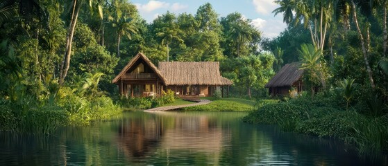 Obraz premium Tropical landscape with traditional huts by a tranquil river in lush greenery.