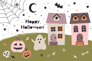 Happy Halloween, Haunted Houses and Ghost Vector Illustration. Halloween-themed illustration featuring haunted houses, a ghost, pumpkins, bats, spiders, and a crescent moon