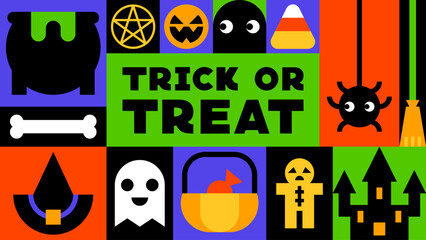 Vibrant Trick or Treat Halloween Poster with Cauldron, Ghost, and Spooky Symbols