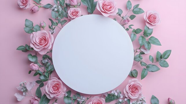 1. A top view of a pristine white circle surrounded by delicate pink roses and green foliage on a soft pink background, leaving ample copy space for customization