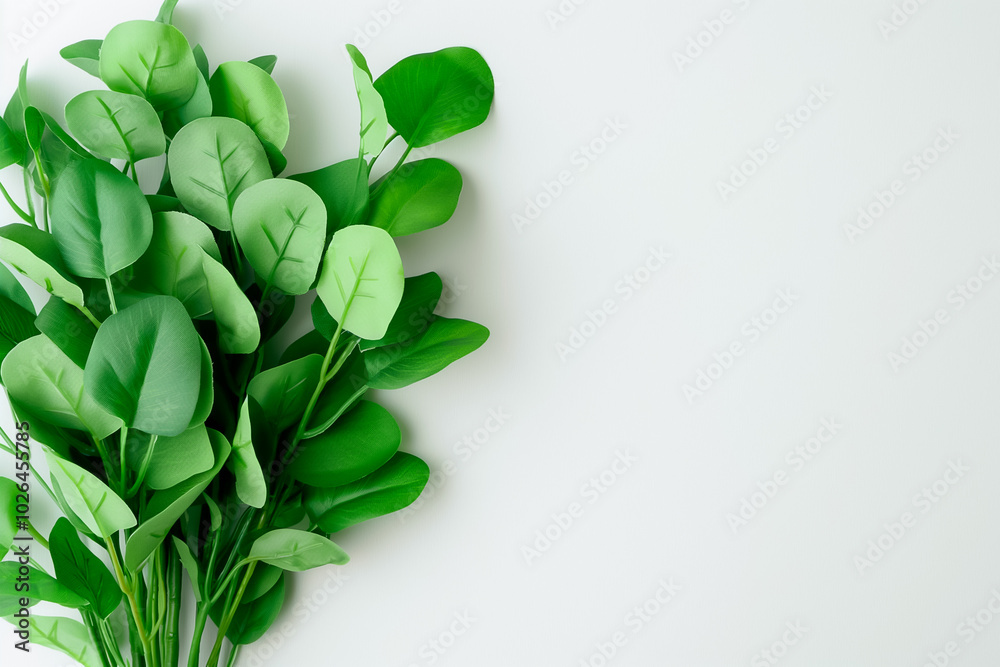 Poster A beautiful cluster of green leaves elegantly arranged against a clean white background showcases the simplicity and freshness of nature, perfect for any decor