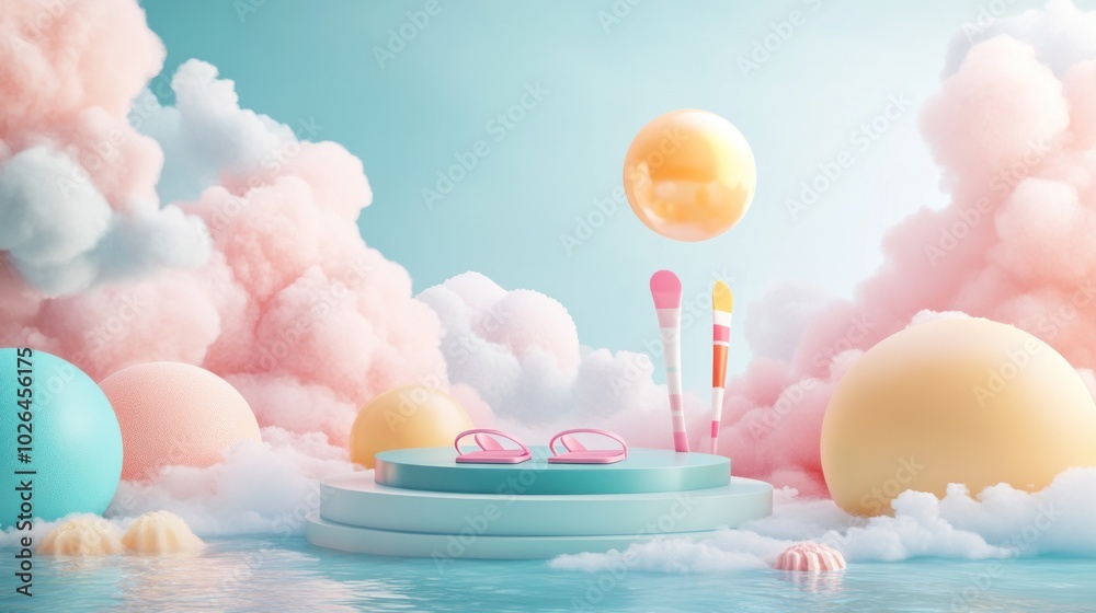 Sticker A whimsical scene with pastel colors, featuring playful elements like clouds and spheres.