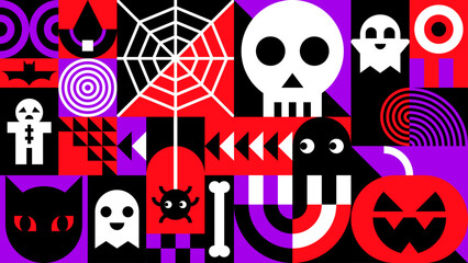 Abstract Halloween Design with Skulls, Ghosts, and Spider Web