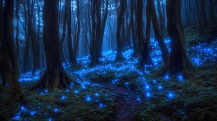 Fototapeta premium Enchanted forest illuminated by glowing blue lights among trees and foliage.