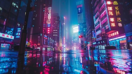 Obraz premium Futuristic night cityscape towering skyscrapers with neon lights reflecting on wet streets