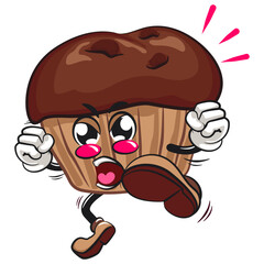 kawaii cartoon chocolate muffin with chocolate chip character mascot isolated vector illustration enthusiastically jumping and kicking, work of hand drawn