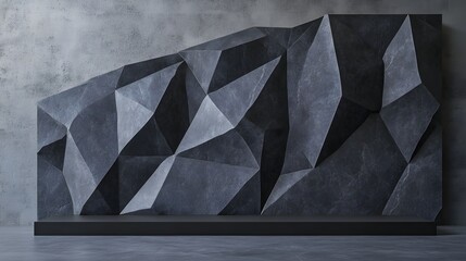 1. A sleek black geometric stone background featuring angular rock shapes, creating a striking minimalist podium display perfect for showcasing products