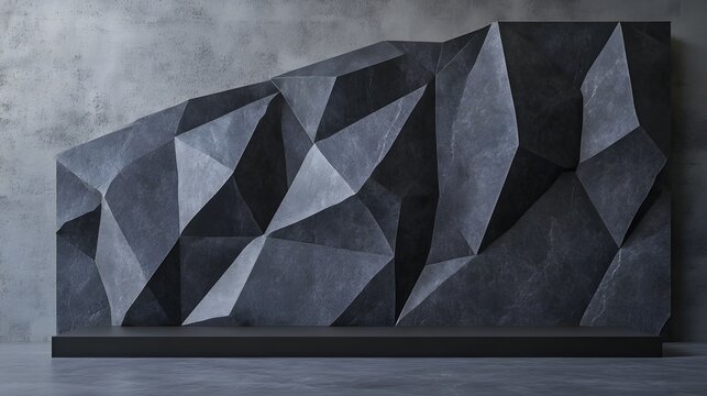 1. A sleek black geometric stone background featuring angular rock shapes, creating a striking minimalist podium display perfect for showcasing products