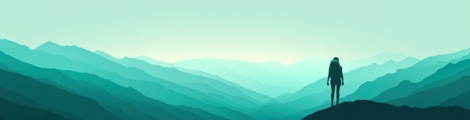 Obraz premium A silhouette of a hiker against layered mountains in a tranquil, gradient landscape.