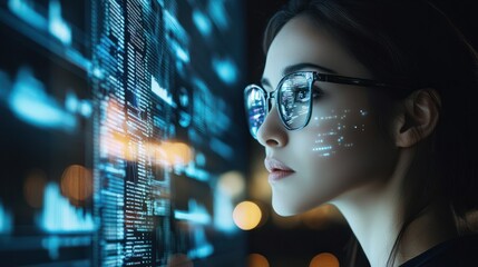 A woman in glasses examining digital interfaces with data overlaying her face banner. UX coding, big data analytics, artificial intelligence, technology, and innovation in high-tech environment