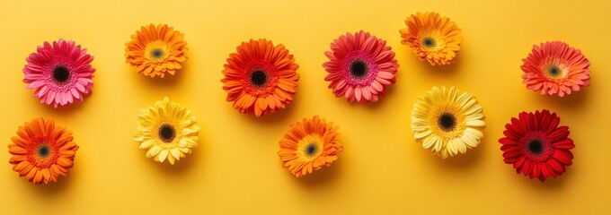 A vibrant arrangement of colorful flowers on a bright yellow background.