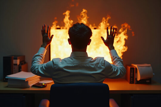 computer on  fire in the working office, desperate business man