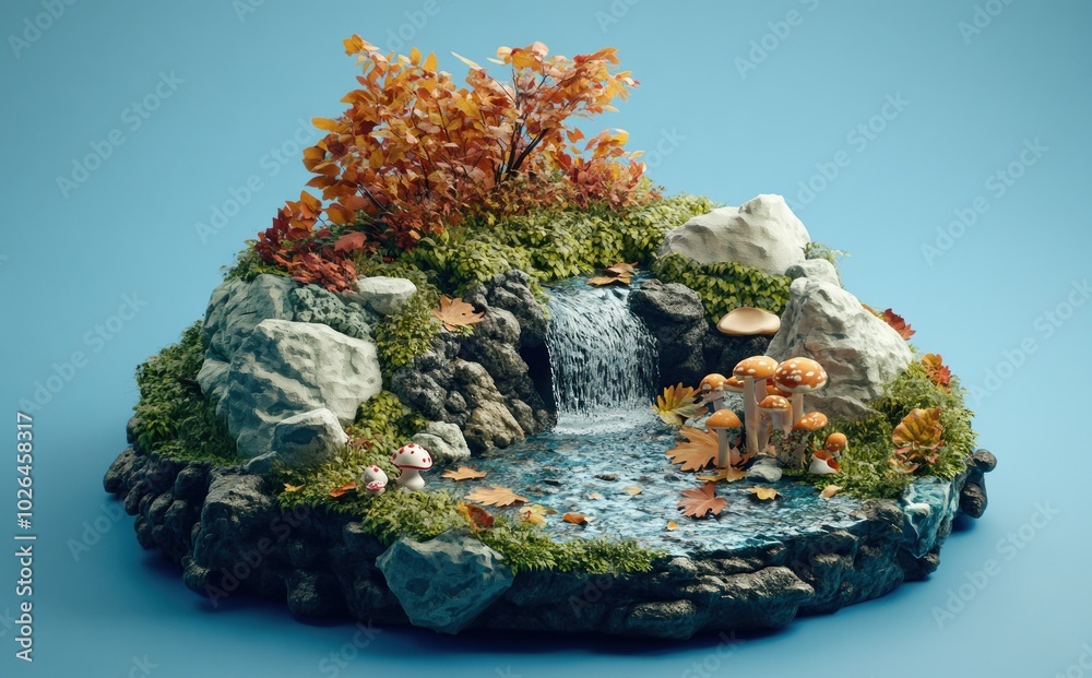 Sticker A serene miniature landscape featuring a waterfall, mushrooms, and autumn foliage.