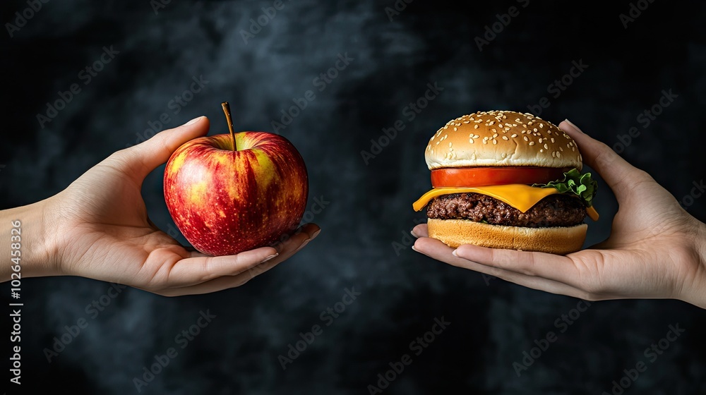 Poster One hand with a crisp apple, the other with a hamburger, showing the contrast between fresh, healthy food and processed fast food