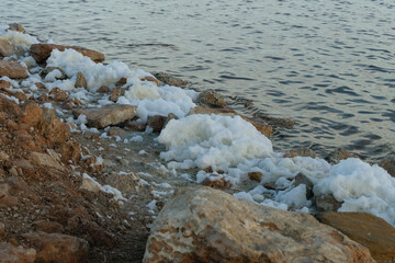 Rocky Shoreline with Foam During Early Morning Light