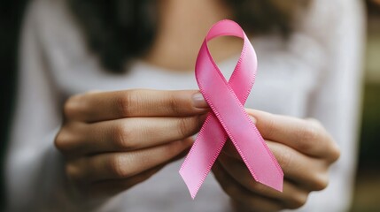 Pink ribbon held by a woman against a simple background, representing the breast cancer awareness cause and inspiring support