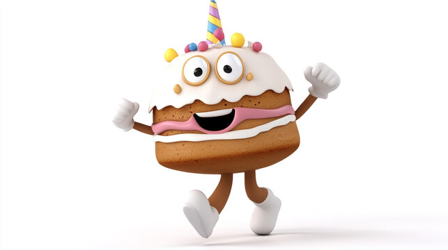 Happy Birthday Cake Character Walking  Fun Celebration  3D Illustration