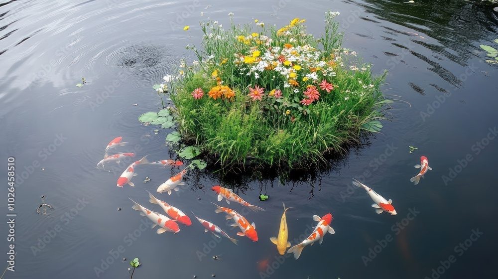 Canvas Prints A serene pond scene featuring colorful koi fish swimming around a flower-covered island.