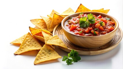 Panoramic view of tortilla chips with salsa on white background