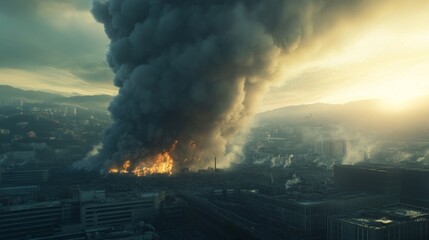 Fototapeta premium Dramatic Urban Fire and Smoke Eruption at Dusk