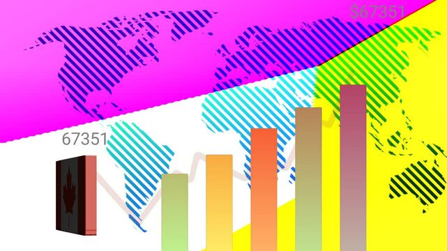 Canada gdp business growing world wide with flag growing line and bar column chart and word map video animation