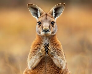 Fototapeta premium Kangaroo with paws clasped, sitting in the outback, bouncy creature, peaceful prayer