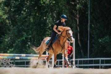 Young equestrian jumping over a hurdle on a chestnut horse during an outdoor training session with...