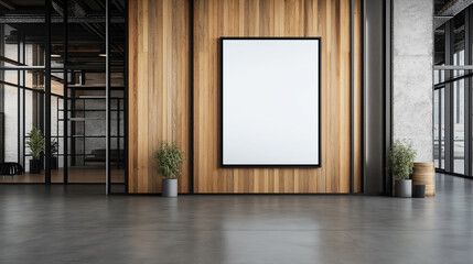 Modern office lobby with large blank poster on wooden panel wall, potted plants, and glass partitions, highlighting minimalist interior design elements.