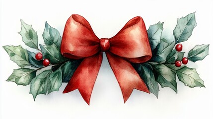 Cheerful Christmas Bow with Mistletoe Watercolor Illustration