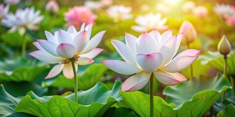 Obraz premium Panoramic view of white and soft pink lotus flowers with soft background in nature