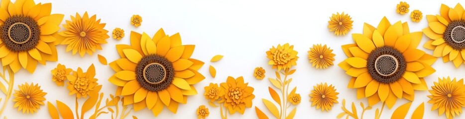 A vibrant arrangement of yellow flowers, primarily sunflowers, on a white background.