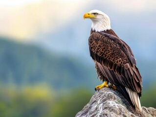 Fototapeta premium Eagle perched on a cliff, wings folded, eyes closed, majestic bird, prayerful vigil