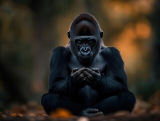 Obraz premium Gorilla sitting with paws together, eyes closed, gentle giant, jungle meditation