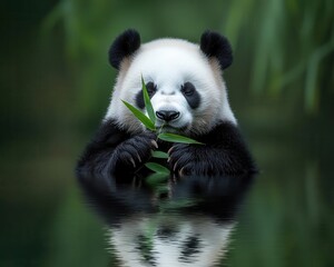 Fototapeta premium Panda sitting under a bamboo grove, paws together, eyes closed, gentle giant, calm reflection