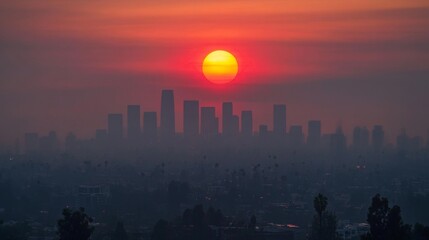 Sunset Over City Skyline with Hazy Atmosphere