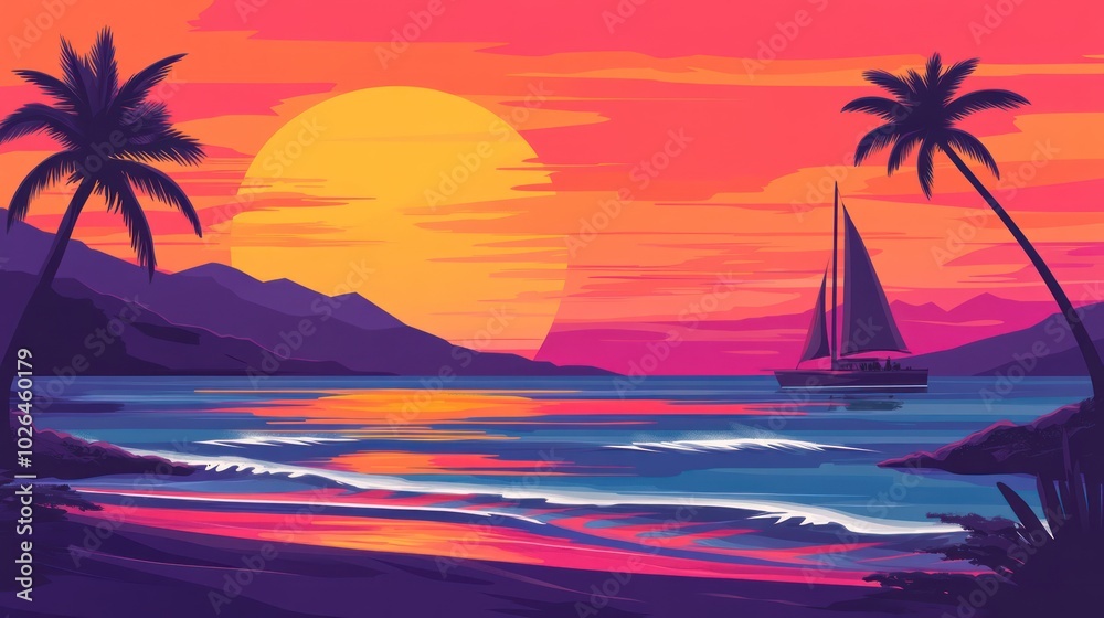 Canvas Prints A vibrant sunset over a tranquil beach with a sailboat and palm trees.