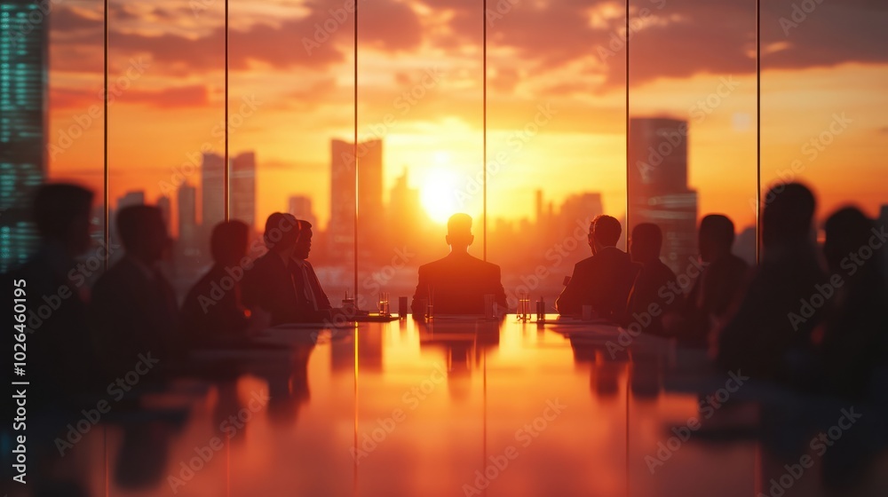 Wall mural business team meeting in a modern office at sunset. blurred silhouette of a business team having a m