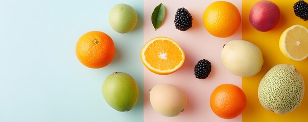 Vibrant Fruit Medley on Pastel Backdrop - Top View of Oranges Guavas Watermelons  Blackberries for Freshness and Flavor
