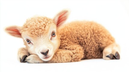 Obraz premium Adorable light brown baby sheep isolated on a white background, perfect for highlighting the beauty and innocence of the young animal