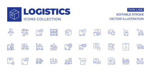 Logistics icons collection. Thin Line icons, editable stroke. delivery box, cash on delivery, return, forklift, truck, machinery, import, out of stock, product, trolley