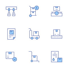 Logistics icons set. Line Duotone style, editable stroke. delivery, approved, package, logistics, box, trolley, conveyor belt